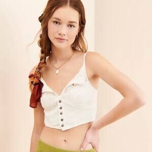 Free People White Lace Button-Front Crop Top